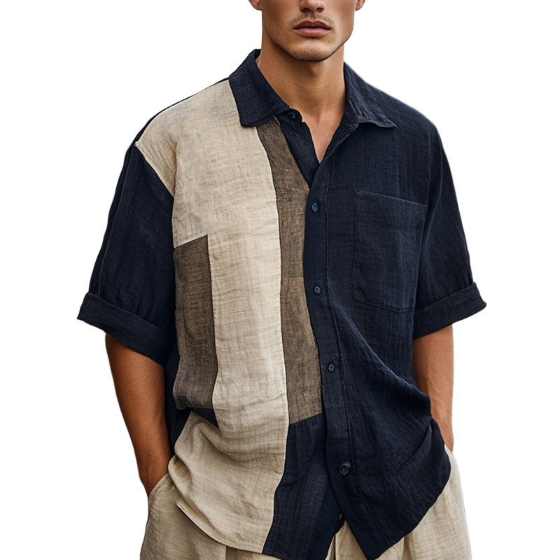 Men's Casual Skin-friendly Color Matching Ice Silk Wrinkled Short-sleeved Shirt