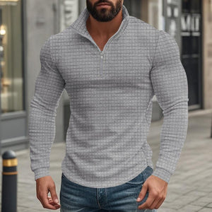 Camiseta de manga larga con cuello alto cuadrado pequeño y media cremallera para hombre