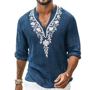 Camisa vintage informal de algodón y lino con cuello Henley, manga larga y bordado para hombre