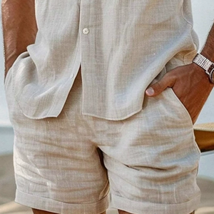 Conjunto de camisa informal de lino con solapa, sin mangas y pantalones cortos holgados con cintura elástica para hombre