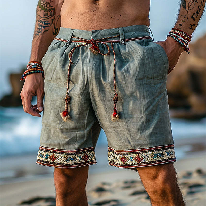 Pantalones cortos de algodón y lino con bordado retro de verano para hombre