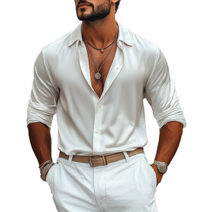 Camisa informal de manga larga de satén brillante para hombre