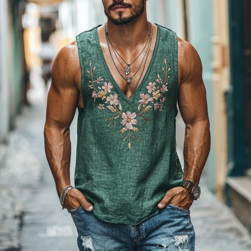 Lässiges Herren-Tanktop mit tiefem V-Ausschnitt, Leinen und Blumenstickerei, schmale Passform