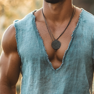 Camiseta sin mangas de lino retro informal con cuello en V y rotos para hombre