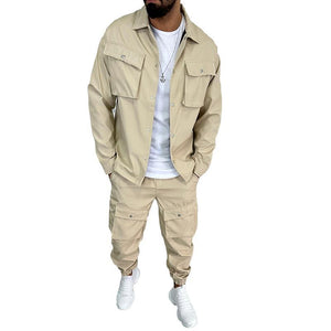 Men's Solid Color Lapel Single Breasted Jacket Trousers Cargo Set