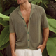 Men's Knit Solid Hollow Notch Lapel Single Breasted Short Sleeve Polo Shirt