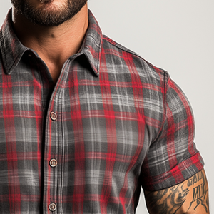 Camisa de manga corta con solapa y estampado a cuadros estilo retro informal para hombre