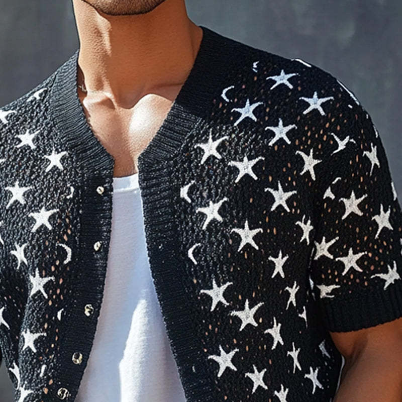 Camisa de punto de manga corta con jacquard de estrellas para hombre