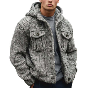 Men's Solid Color Striped Textured Hooded Knitted Cardigan