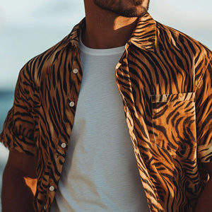 Camisa informal de manga corta con estampado de tigre retro de verano para hombre