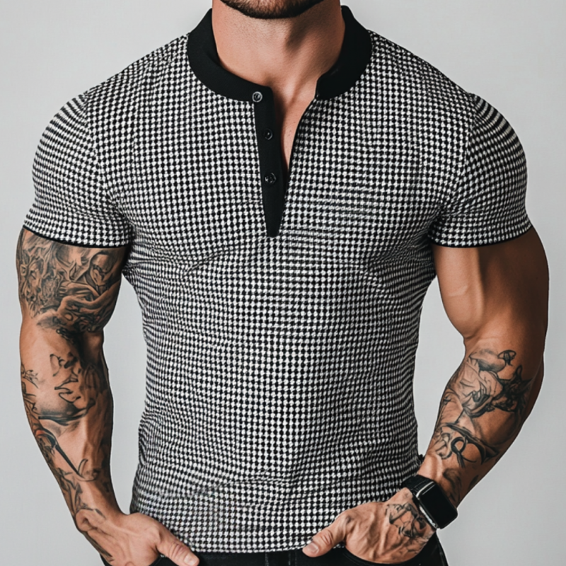 Herren-T-Shirt mit Retro-Hahnentrittmuster und Patchwork-Henry-Kragen, schmale Passform, kurzärmelig