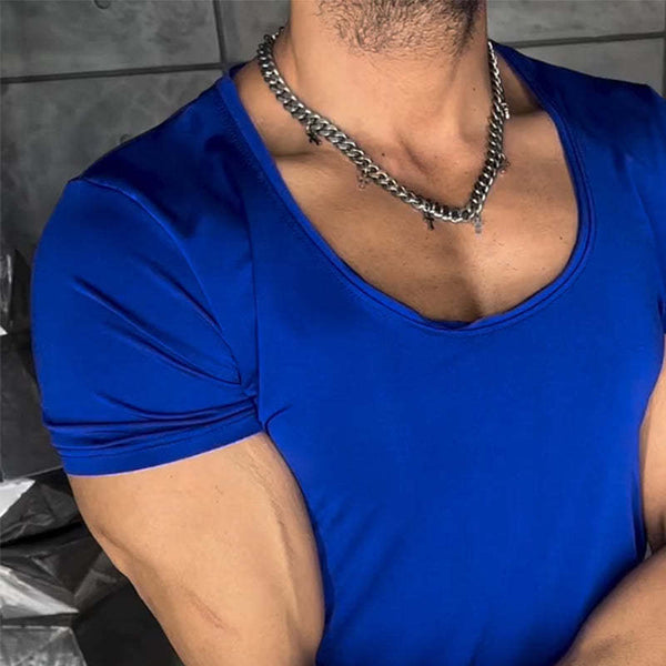 Camiseta retro informal de manga corta con cuello redondo y elástico en color liso para hombre