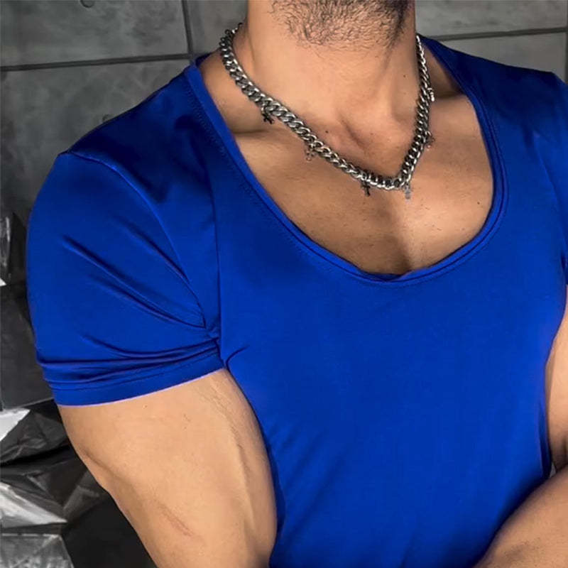 Camiseta retro informal de manga corta con cuello redondo y elástico en color liso para hombre
