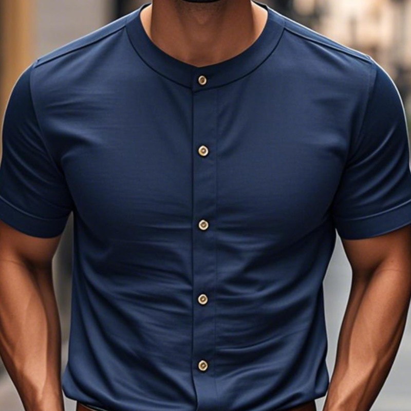 Men's Casual Cotton Round Neck Single Breasted Slim Fit Short Sleeve Shirt
