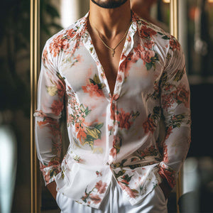 Men's Retro Casual Mesh Floral Print Lapel Long Sleeve Shirt