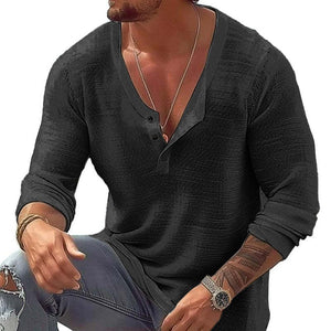 Lässiges Herren-Langarm-T-Shirt aus Baumwolle und Leinen mit U-Ausschnitt
