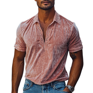 Polo de manga corta de terciopelo con cuello en V y costuras de encaje para hombre, moda de primavera