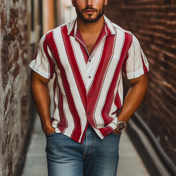 Men's Fashion Casual Striped Contrast Chiffon Short Sleeve Shirt