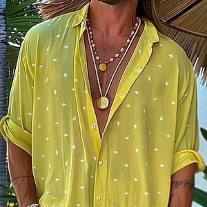 Camisa informal de manga larga con solapa de gasa y estampado de lunares para hombre