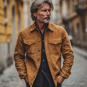 Camisa vintage de manga larga de ante color caqui para hombre