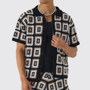 Men's Spring And Summer Fashion Casual Hollow Knitted Short-sleeved T-shirt Shorts Set