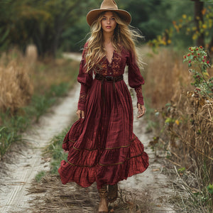 Vestido largo vintage de lino con escote en V y mangas largas para mujer, estilo pastoral.