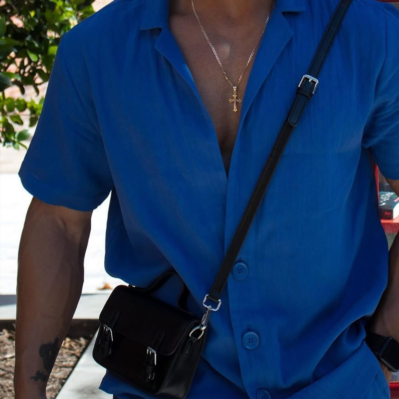 Conjunto casual de camisa y pantalones cortos de manga corta con solapa y muesca para hombre