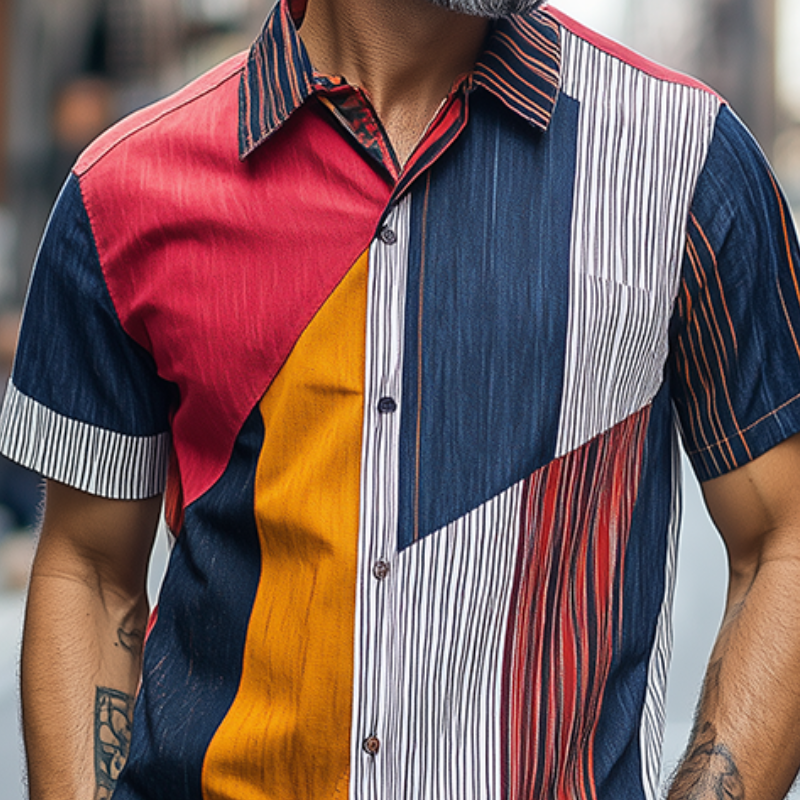 Camisa de manga corta de gasa con rayas contrastantes, estilo retro, informal, para hombre