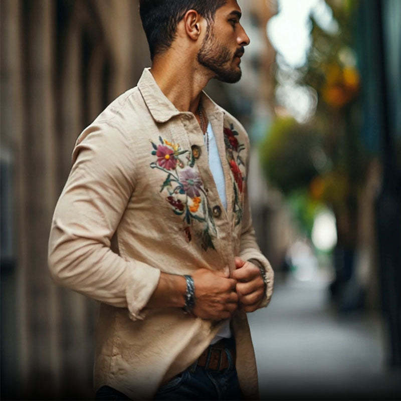 Camisa informal de lino con solapa bordada y manga larga suelta para hombre