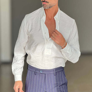 Men's Solid Color Pullover Lapel Long Sleeve Shirt