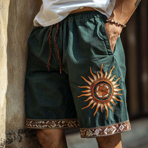 Men's Retro Ethnic Style Sun Embroidery Casual Linen Shorts