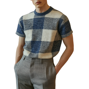 Lässiges, kariertes Herren-T-Shirt mit Rundhalsausschnitt und schmaler Passform, gestrickt, kurzärmelig