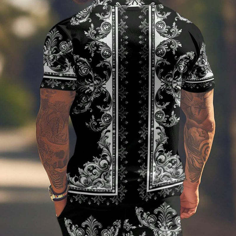Conjunto de dos piezas de pantalones cortos de manga corta con estampado de flores de anacardo para hombre