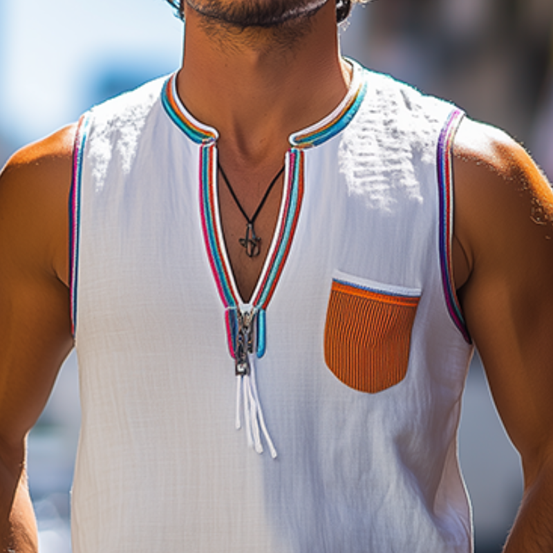 Men's Fashion Casual Colorful Ribbon Stitching Cotton And Linen Tank Top (Tassels Removable)