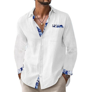 Camisa de manga larga con solapa decorativa y estampado para hombre