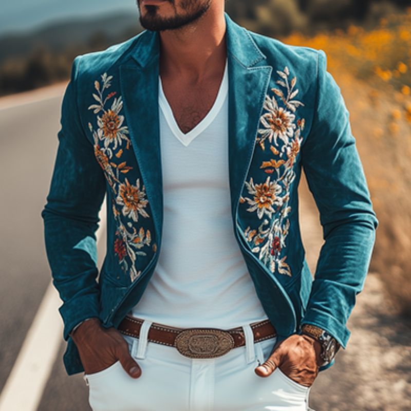 Blazer clásico retro informal de corte entallado estilo occidental de ante bordado para hombre