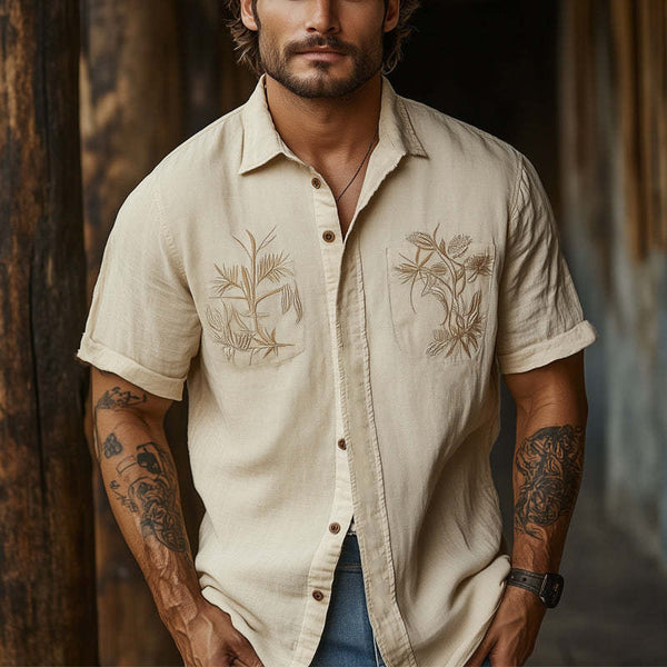 Men's Casual Khaki Tencel Vintage Embroidery Short Sleeve Shirt