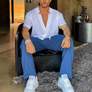 Men's Solid Notch Collar Single Breasted Short Sleeve Shirt