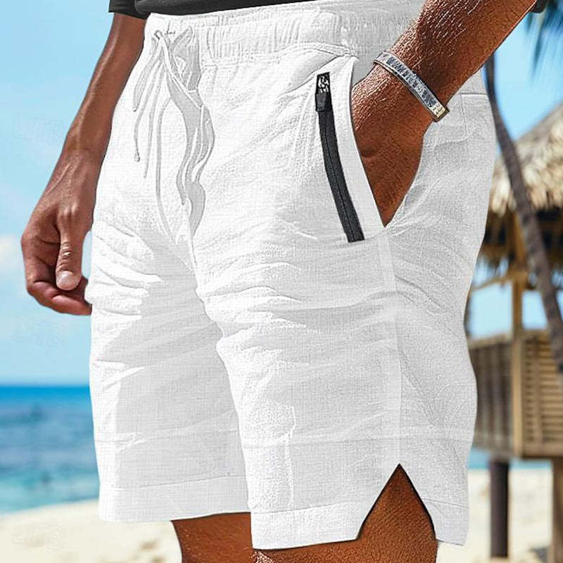 Pantalones cortos de playa de algodón y lino de color liso para hombre