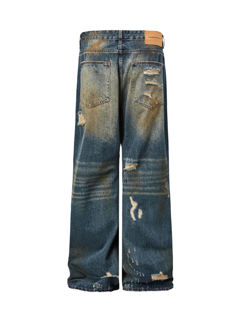 Washed Ripped Straight Jeans