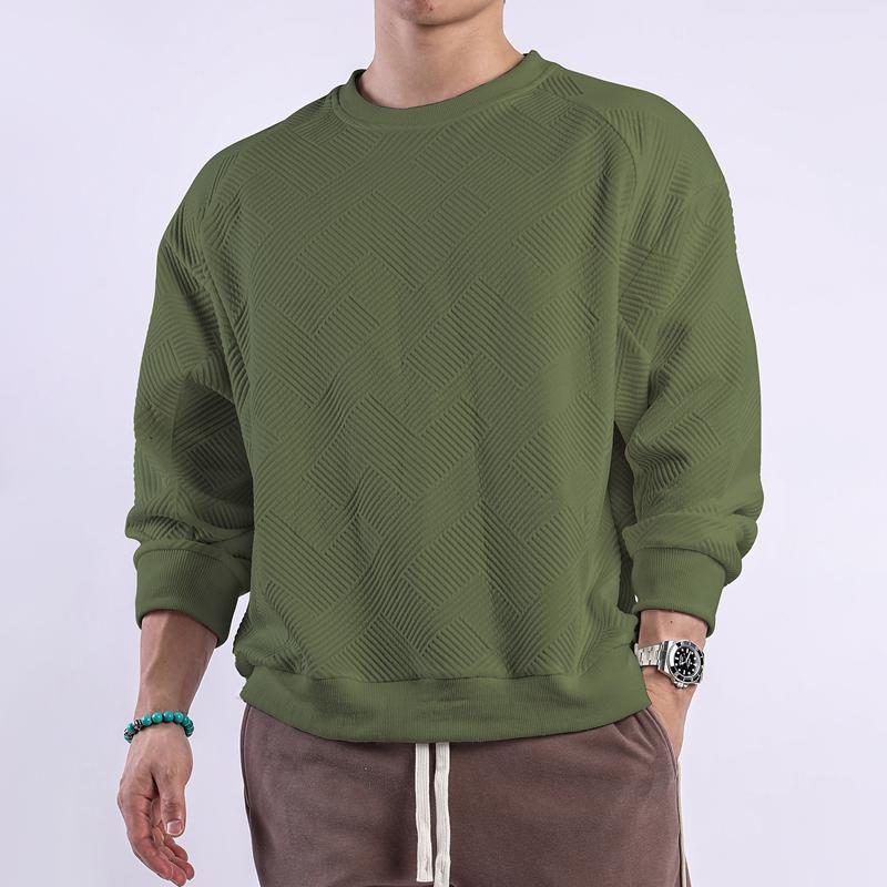 Camiseta de manga larga con cuello redondo y textura de color liso para hombre