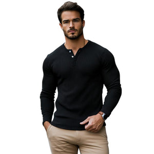 Lässiges Herren-T-Shirt mit geripptem Streifen und Henley-Kragen, schmale Passform, langärmelig