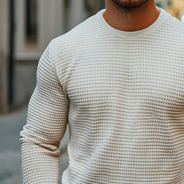 Camiseta retro informal de manga larga con cuello redondo y estampado de gofres en color liso para hombre