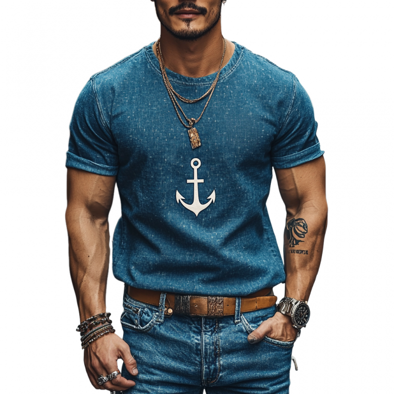 Camiseta informal de mezclilla con estampado de ancla, cuello redondo, corte entallado y manga corta para hombre