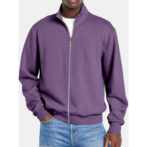 Men's Solid Color Zipper Stand Collar Long Sleeve Sweatshirt Jacket