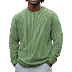 Men's Solid Color Waffle Round Neck Long Sleeve Sweatshirt