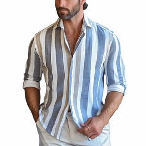 Camisa informal de manga larga con solapa y estampado de rayas para hombre
