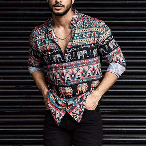 Men's Retro Colorblock Printed Casual Long Sleeve Shirt