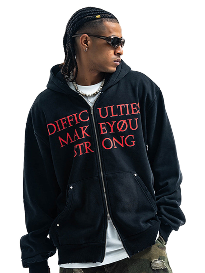 Washed Letter Print Double Zipper Fleece Hoodie