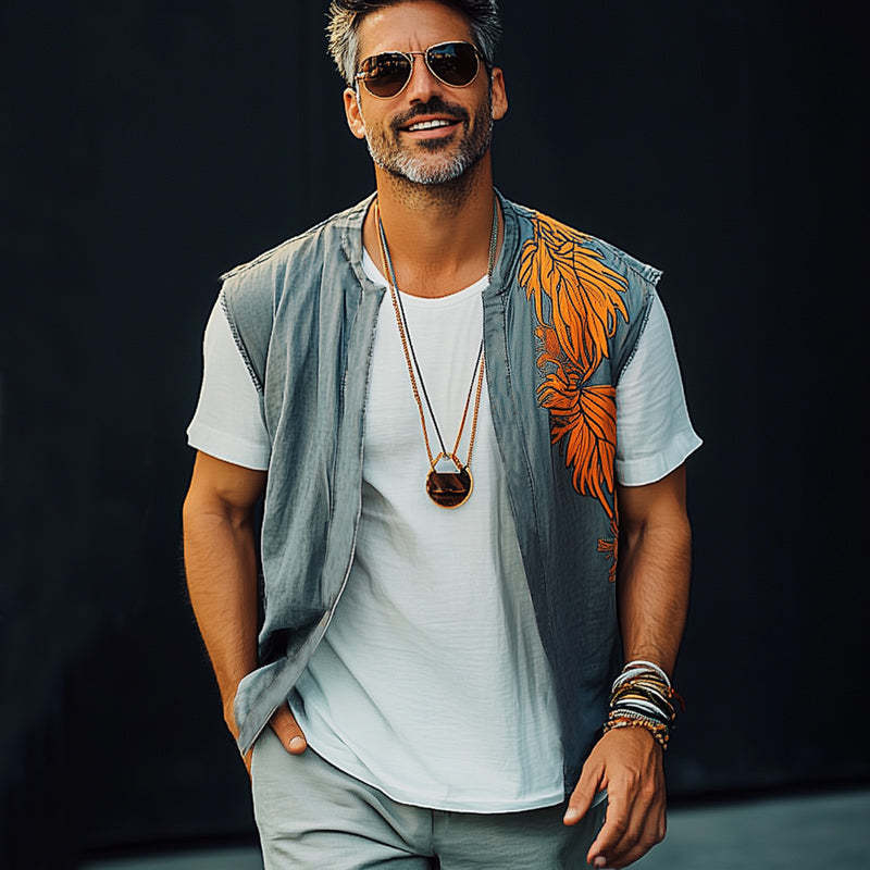 Chaleco de mezclilla lavada con bordado y bloques de color para hombre en verano
